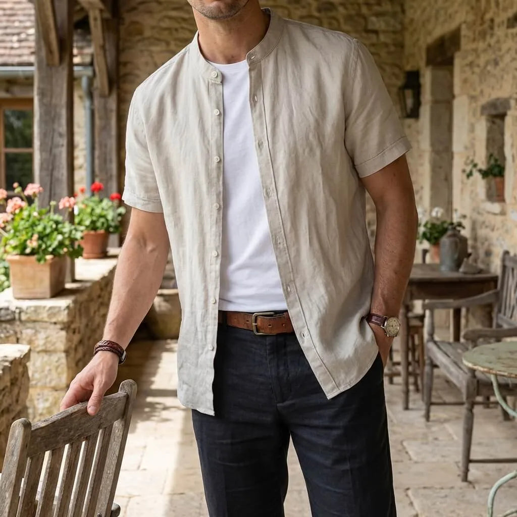 Thomas | Men's Linen Short Sleeve Shirt with Stand Collar