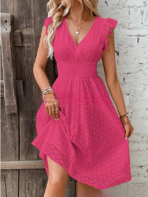 Hot pink broderie anglaise midi dress with ruffle sleeves and fitted smocked bodice