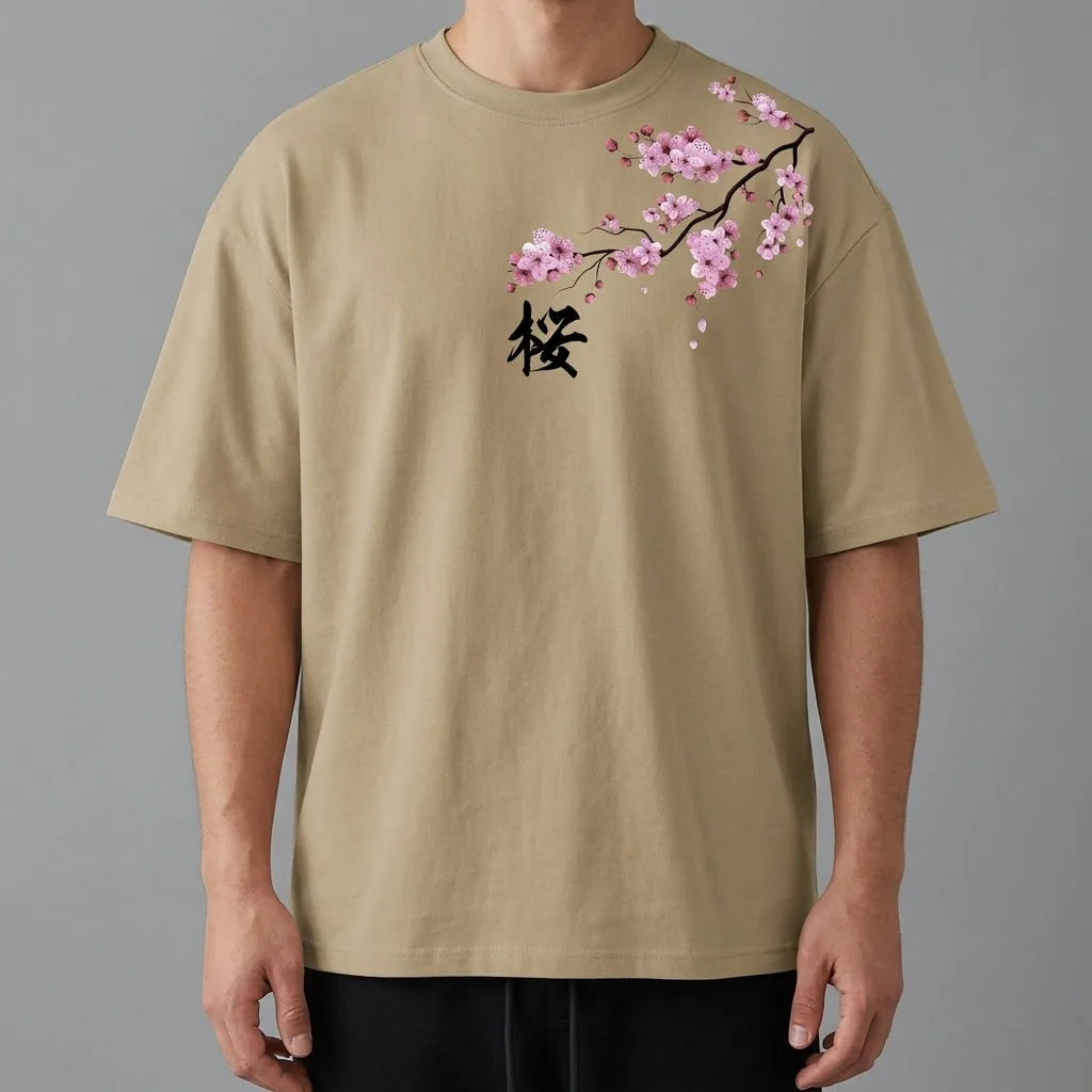 Close-up front view of khaki tee showing the cherry blossom branch print, kanji character and sleeve placement