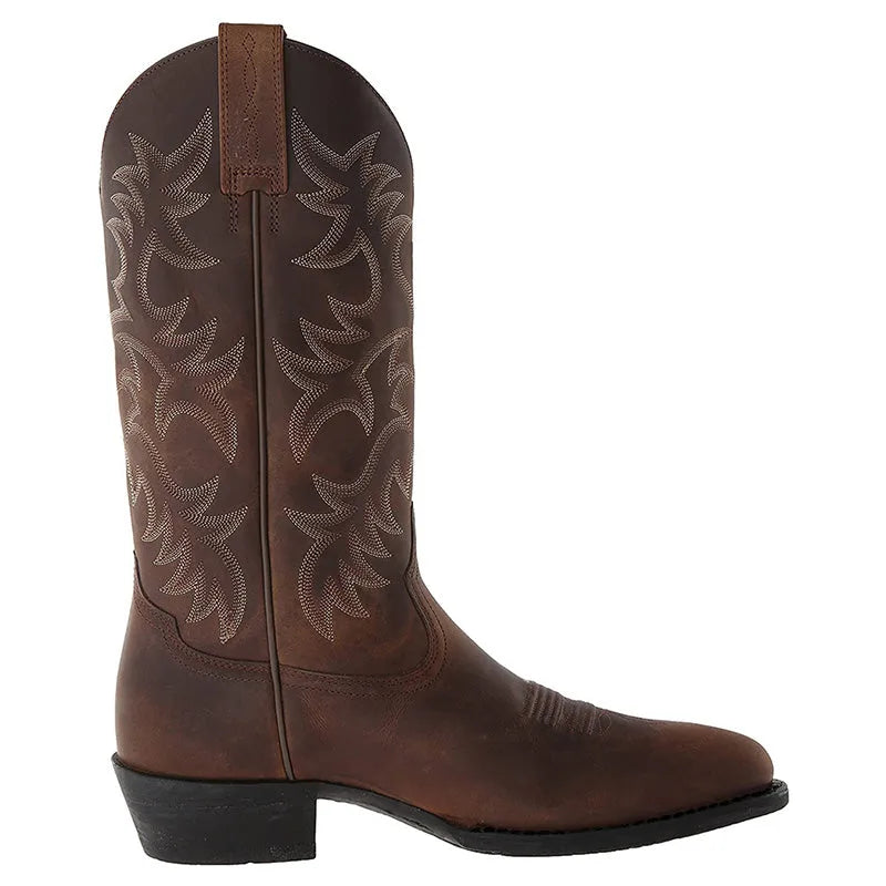 Back view detail of the pull tab and top stitching on a leather cowboy boot shaft