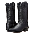 Pair of black leather cowboy boots shown straight on, displaying pointed toe and stacked block heel