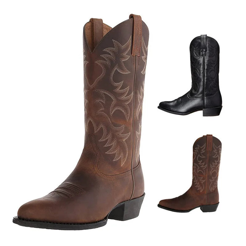 Full side view of a tall brown leather cowboy boot next to small thumbnail images of the black and brown colour options