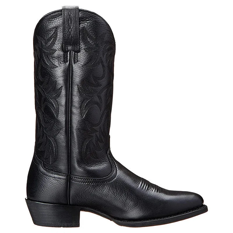 Side profile of a black leather cowboy boot showing the pull tab, scalloped top edge and low stacked heel