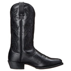 Side profile of a black leather cowboy boot showing the pull tab, scalloped top edge and low stacked heel