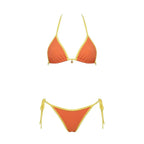 Flat lay detail of navy bikini top showing adjustable slider and gold charm at the centre
