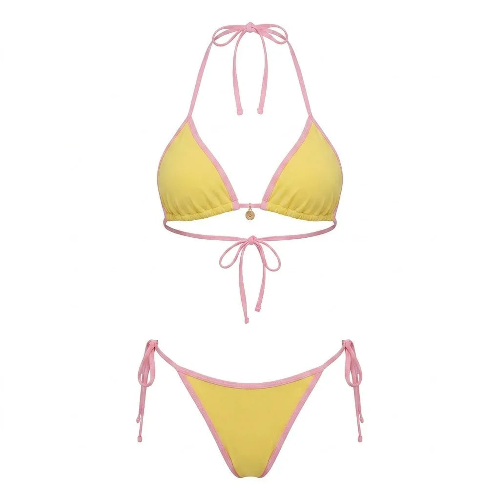 Front view of brown triangle bikini on model showing the fit across the bust