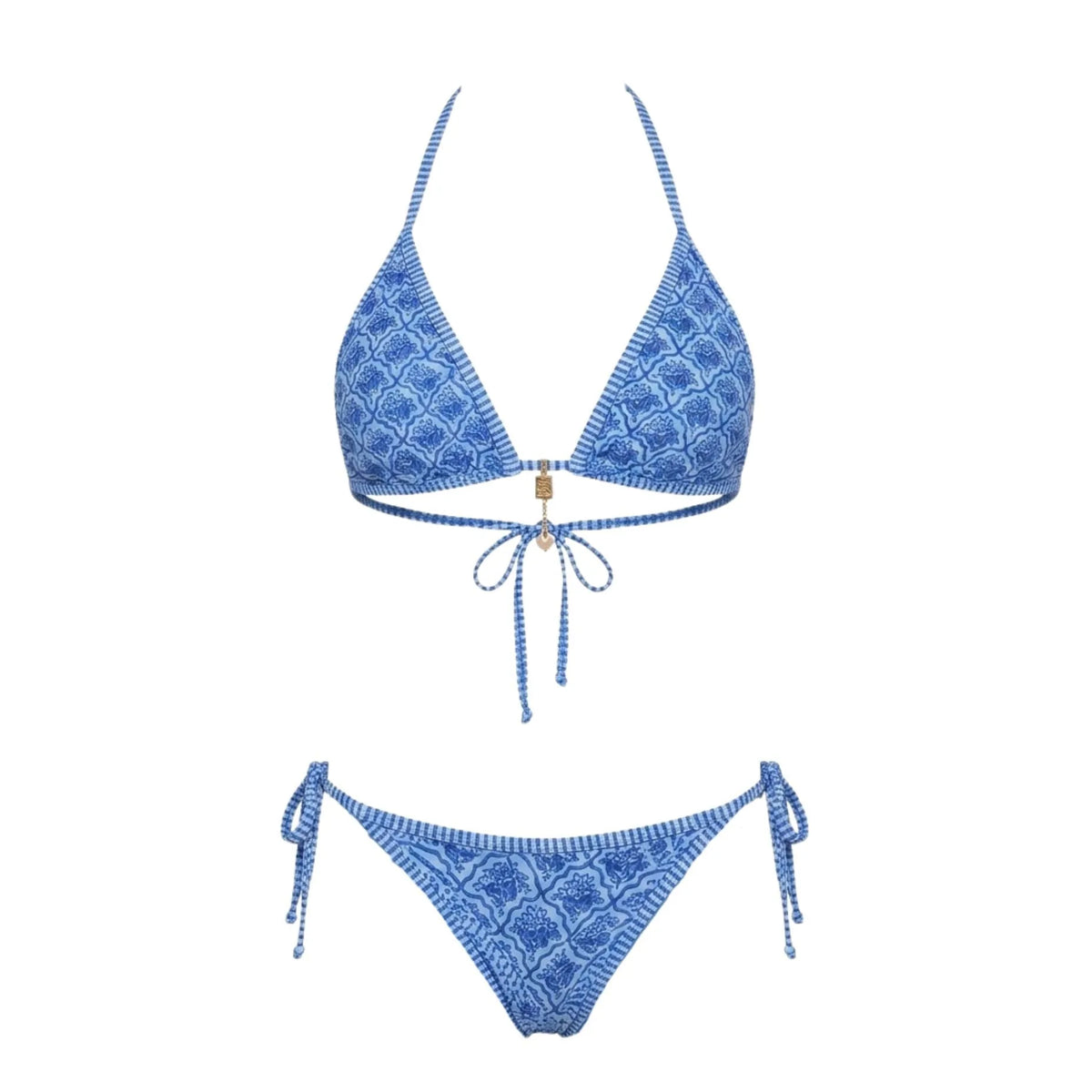 Model wearing navy bikini bottoms showing the rise and coverage at the front