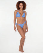 Full front view of model wearing brown triangle bikini with cream trim throughout