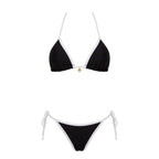 Model wearing brown triangle bikini with soft natural lighting on skin tone
