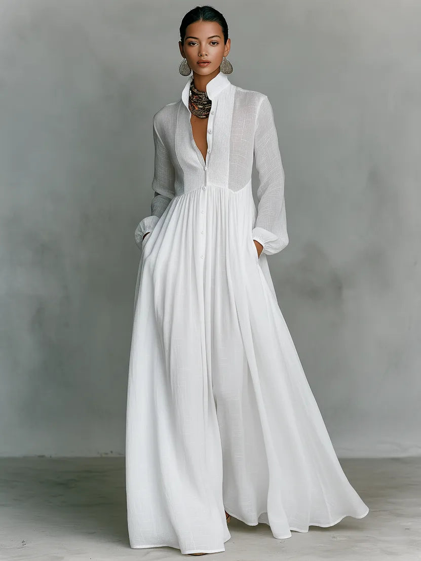 Full-length front view of the white maxi dress highlighting its textured cotton-linen weave and drape