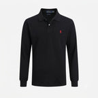 Front view of a black long-sleeve polo shirt with classic collar, two-button placket and embroidered red pony logo