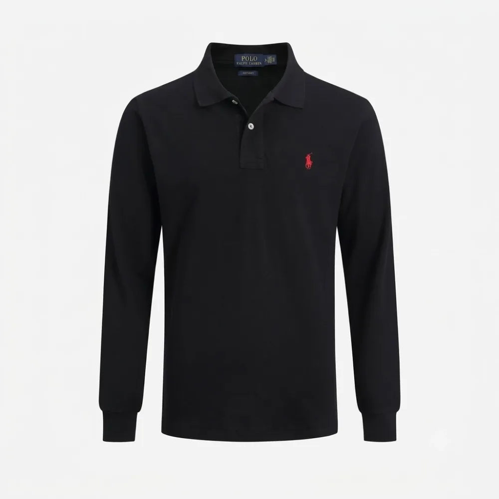 Front view of a black long-sleeve polo shirt with classic collar, two-button placket and embroidered red pony logo
