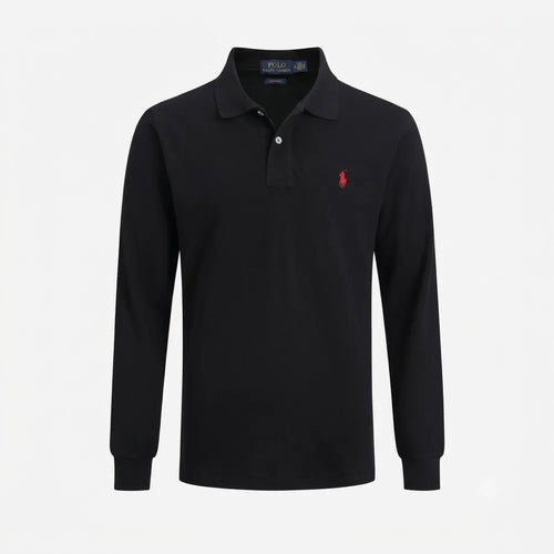 Front view of a black long-sleeve polo shirt with classic collar, two-button placket and embroidered red pony logo