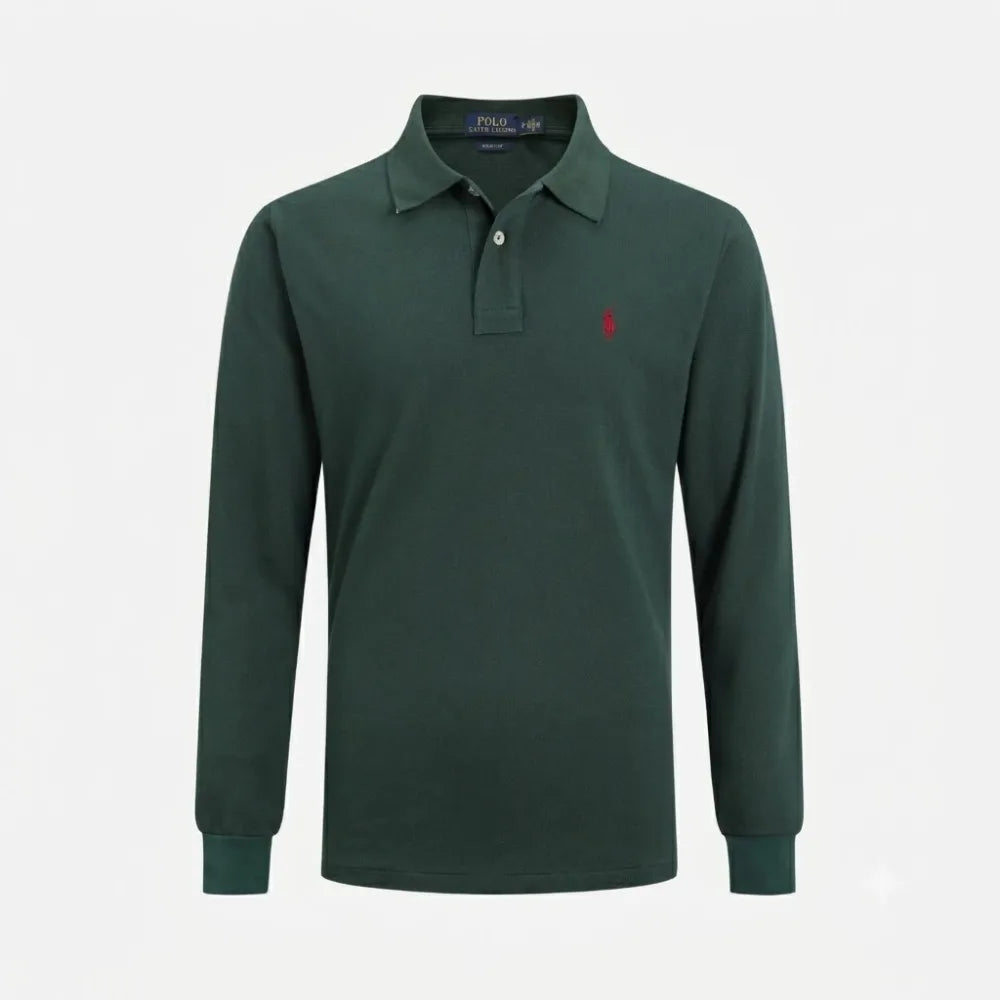Close-up of the classic polo collar and partial button placket with embroidered brand label