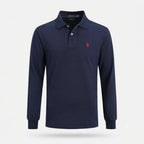 Back view of a long-sleeve polo shirt showing the clean tonal knit construction