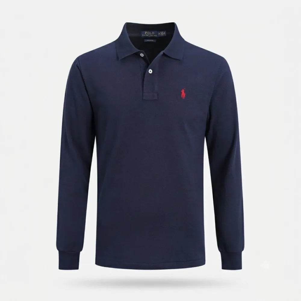 Back view of a long-sleeve polo shirt showing the clean tonal knit construction