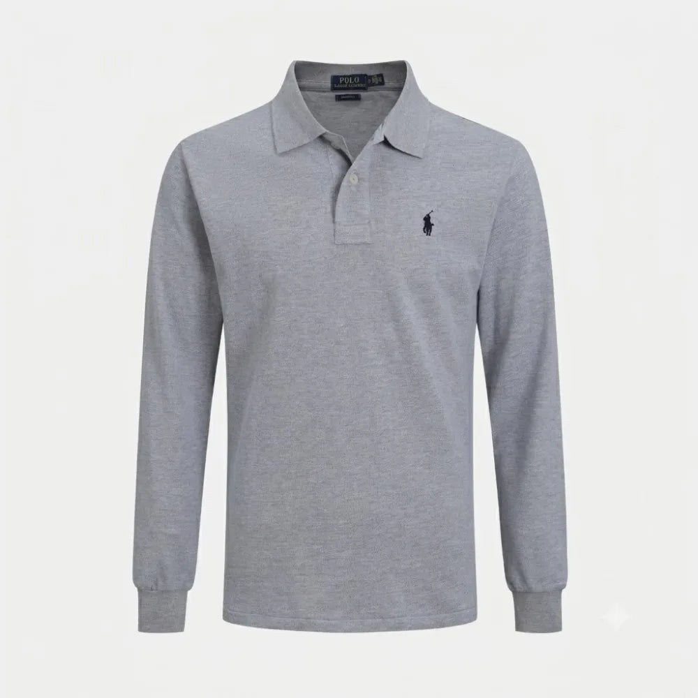 Side angle view of a long-sleeve polo shirt highlighting the fitted silhouette and collar shape