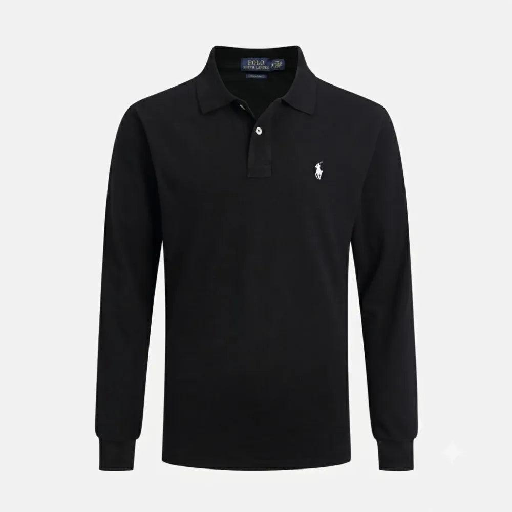 Front view of a black long-sleeve polo shirt with ribbed cuffs and a white embroidered pony logo at the chest