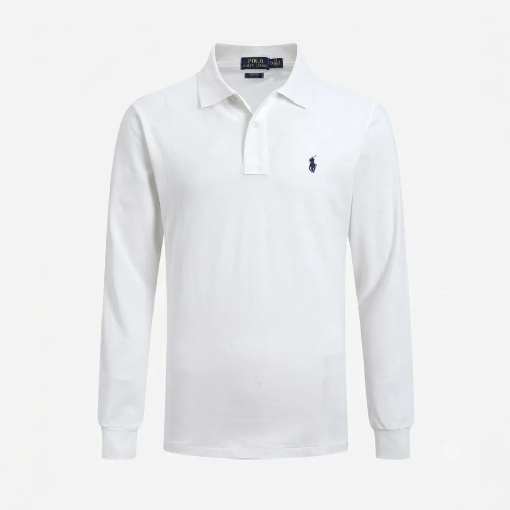 White long-sleeve polo shirt with classic collar and tonal embroidered pony logo on the chest