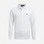 White long-sleeve polo shirt with classic collar and tonal embroidered pony logo on the chest