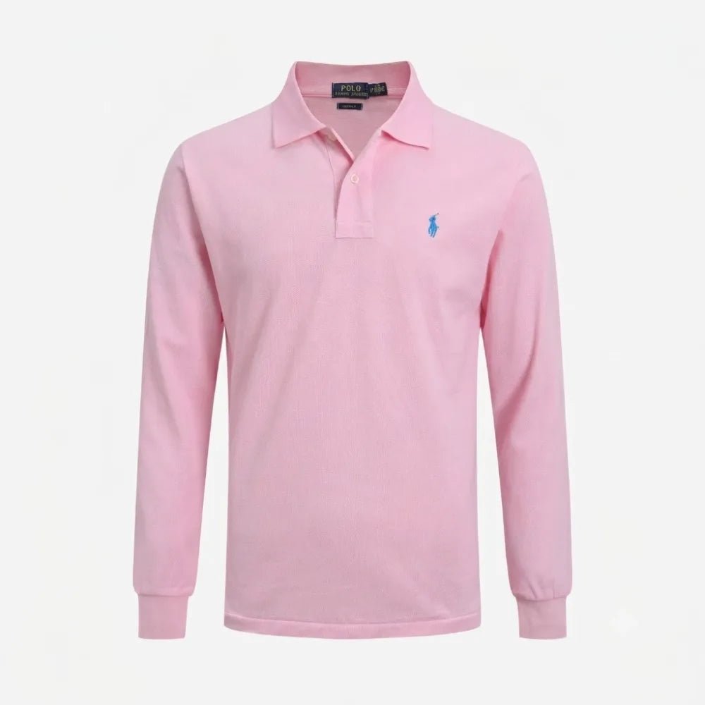 Pale pink long-sleeve polo shirt with contrast blue embroidered pony logo and two-button placket