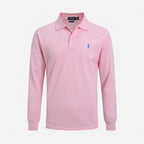 Pale pink long-sleeve polo shirt with contrast blue embroidered pony logo and two-button placket