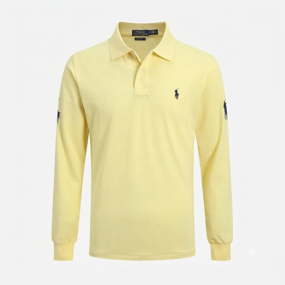 Pale yellow long-sleeve polo shirt with navy embroidered pony logos on the chest and left sleeve