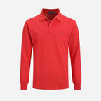 Red long-sleeve polo shirt with classic collar, ribbed cuffs and tonal embroidered pony logo