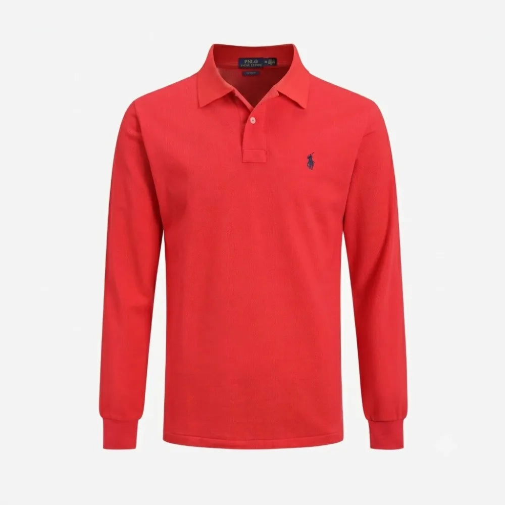 Red long-sleeve polo shirt with classic collar, ribbed cuffs and tonal embroidered pony logo