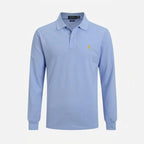 Light blue long-sleeve polo shirt with contrast gold embroidered pony logo at the chest