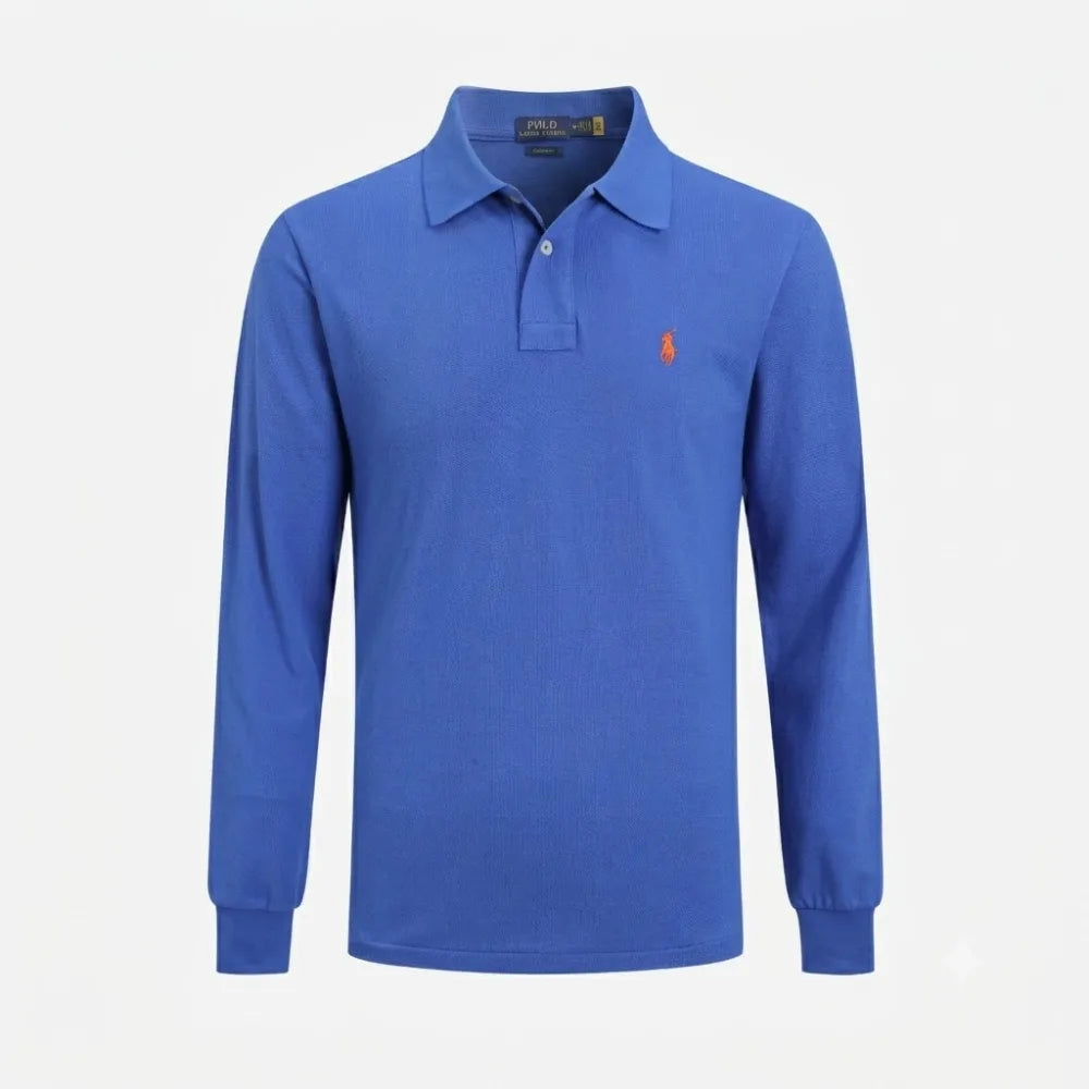 Close-up of the ribbed cuff and long sleeve hem on a polo shirt