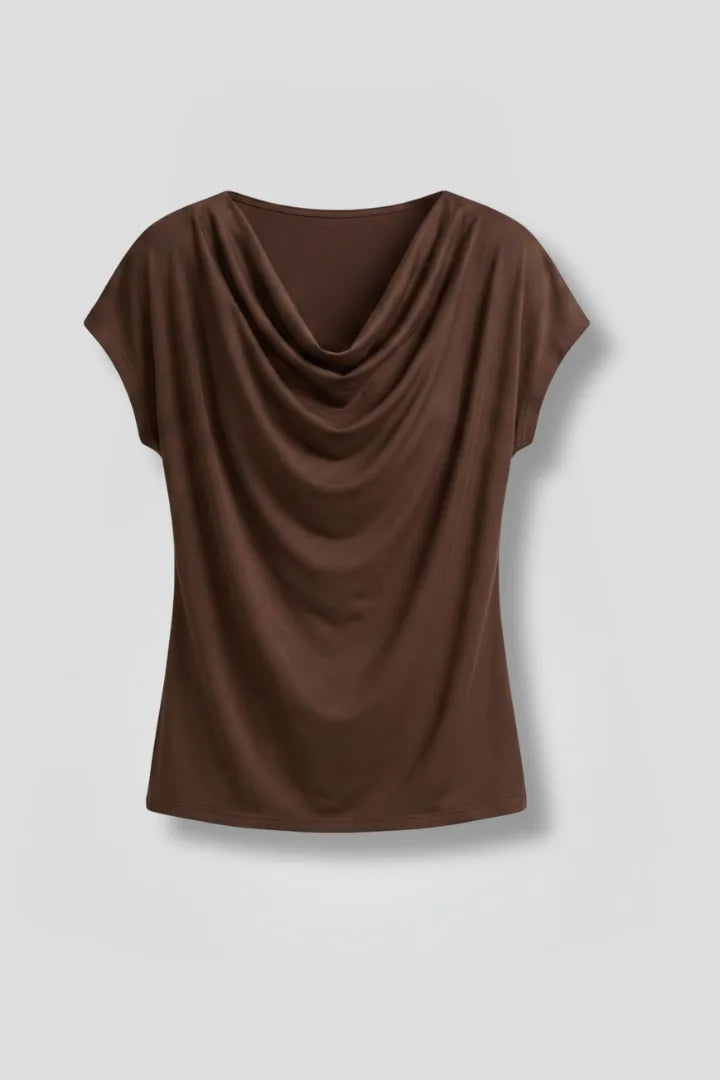 Flat lay of the brown cowl neck top showing the draped front detail and relaxed cap sleeves against a grey background