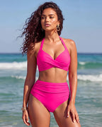 Close-up of the twist-front top detail in pink mesh fabric against bare skin