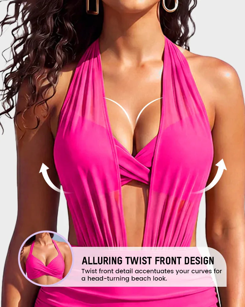 Close-up of the pink mesh halter top showing the twist-front knot detail and sheer panel over the bust
