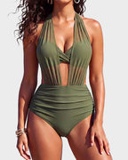 Close-up of the pink bikini bottom showing the ruched texture and tie-side detail