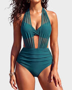 Full body back view of the misty blue bikini showing the tied halter strap at the neck