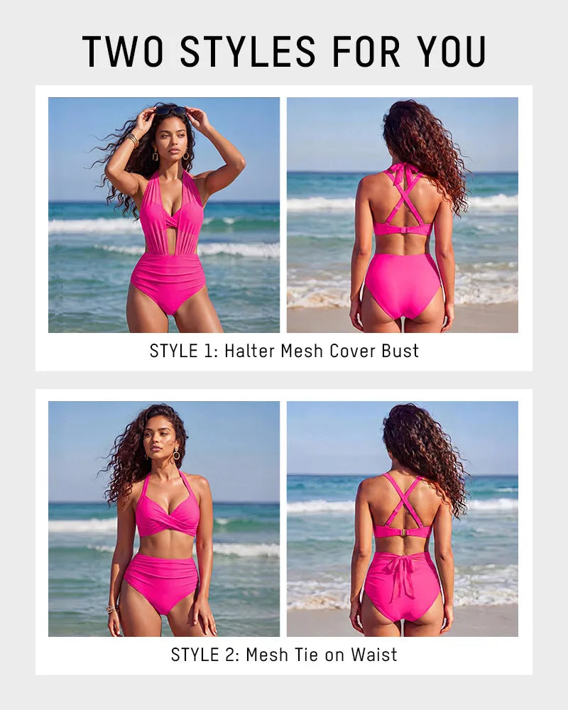 Four-photo comparison of the pink bikini worn as a halter with mesh cover bust versus a top with mesh tie at the waist