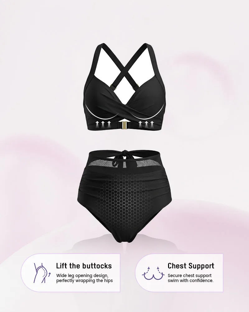 Flat lay of the black bikini set showing the cross-back straps, twist-front top and ruched high-waisted bottom with mesh side panel