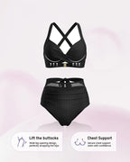 Flat lay of the black bikini set showing the cross-back straps, twist-front top and ruched high-waisted bottom with mesh side panel