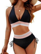 Close-up of the colourful striped band connecting the bikini top and high-waisted bottoms