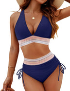 Front view emphasising the deep neckline and smooth fabric finish of the bikini top