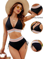 Model posing by the pool showing the bikini's flattering high-waisted cut from the side
