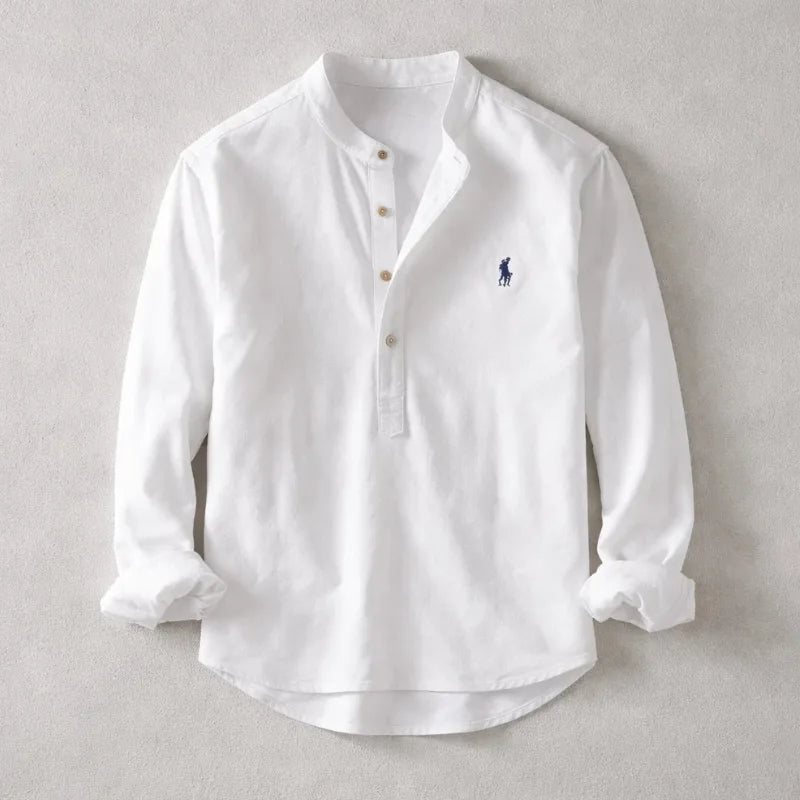 White henley shirt with mandarin collar and partial button placket, shown flat with cuffs turned up