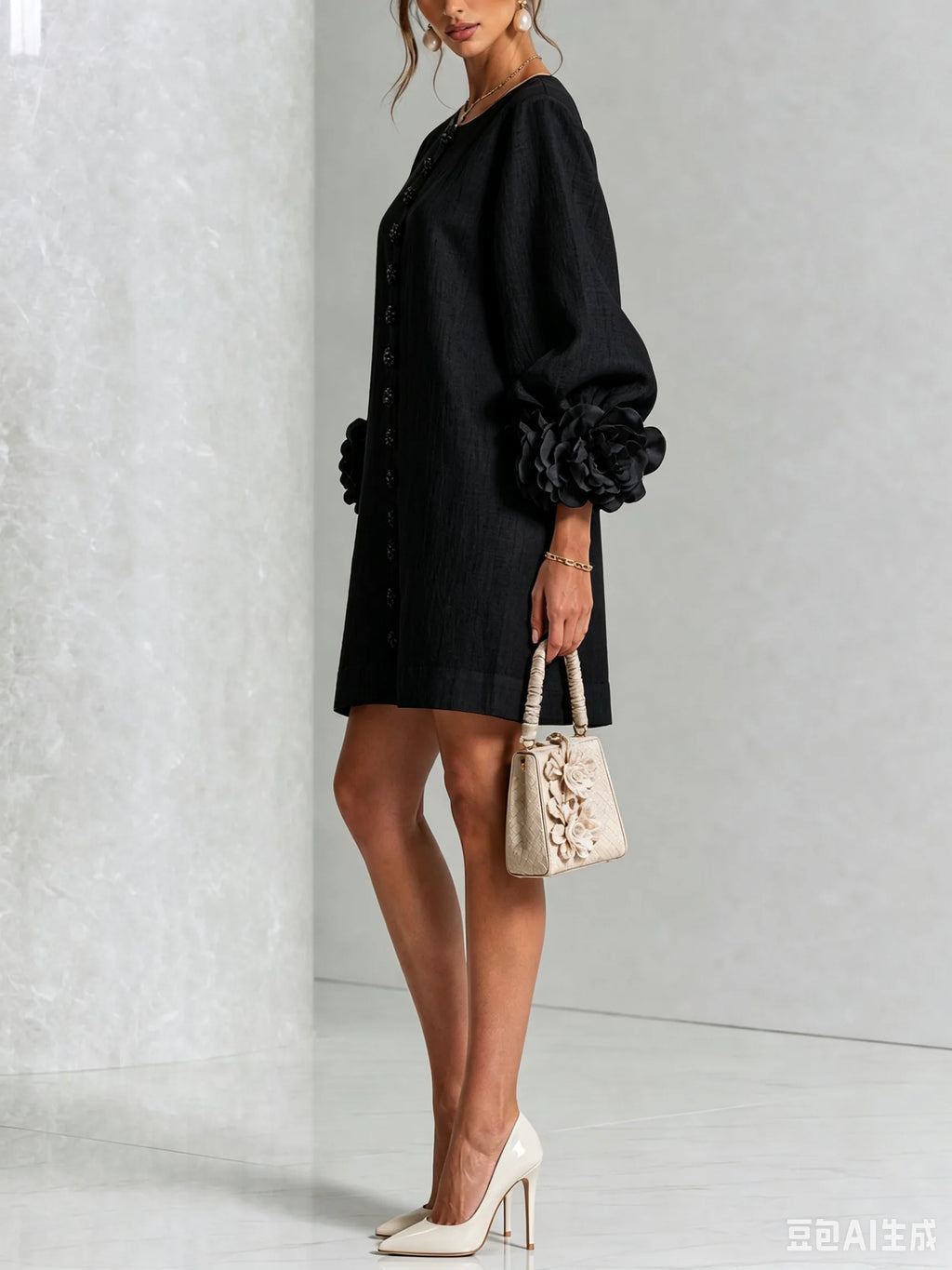 Front view of the white mini dress styled with white pointed-toe heels and a quilted floral handbag