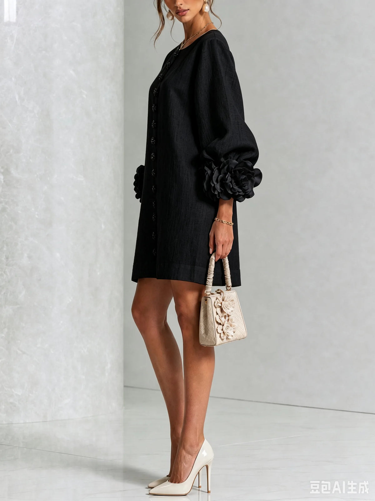 Front view of the white mini dress styled with white pointed-toe heels and a quilted floral handbag