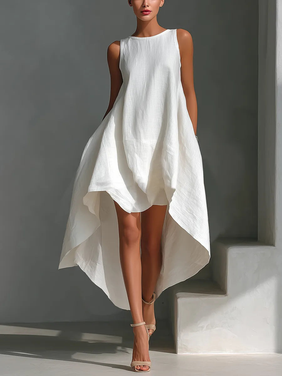 Front view of a model in a white linen sleeveless midi dress with round neck and flowing asymmetric hem