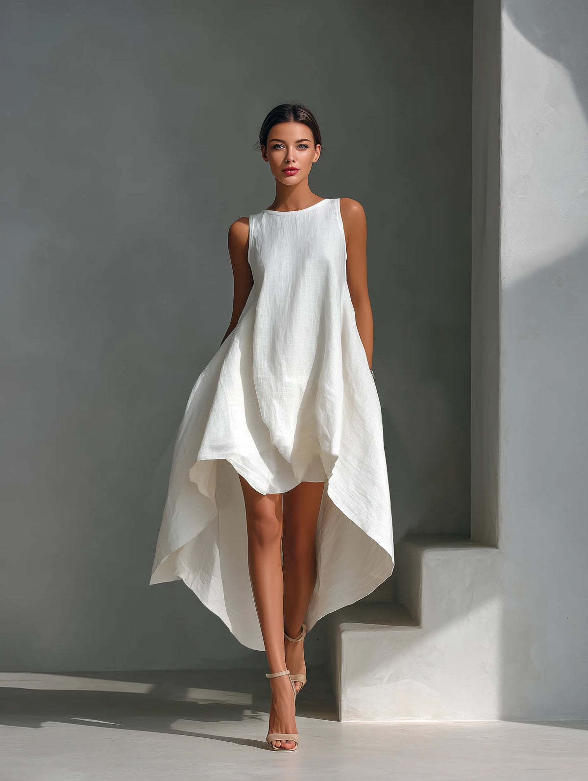 Full-length front shot of the white linen dress showing its high-low hemline and relaxed silhouette