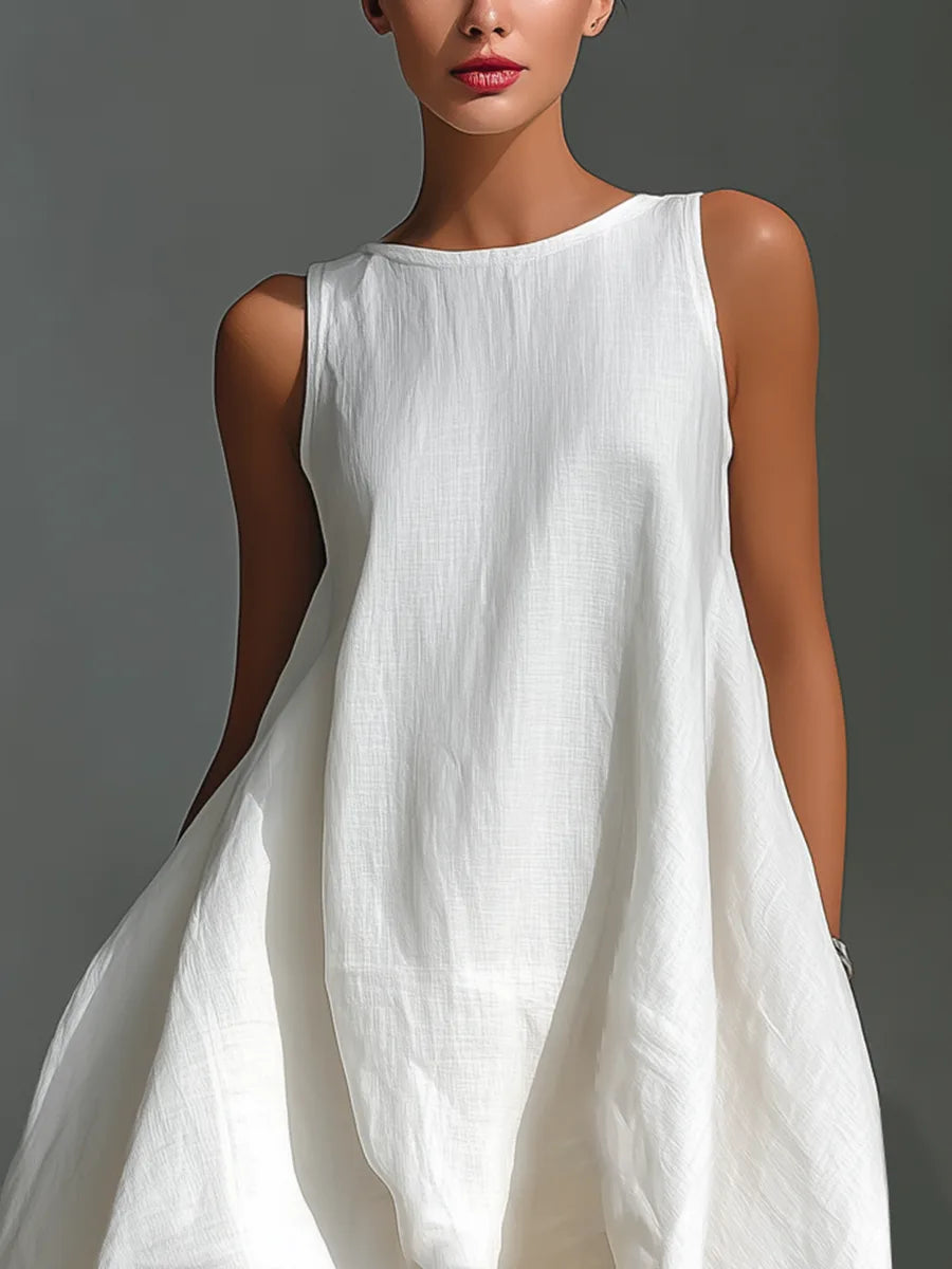 Green colourway of the sleeveless linen dress with high-low hem and round neckline