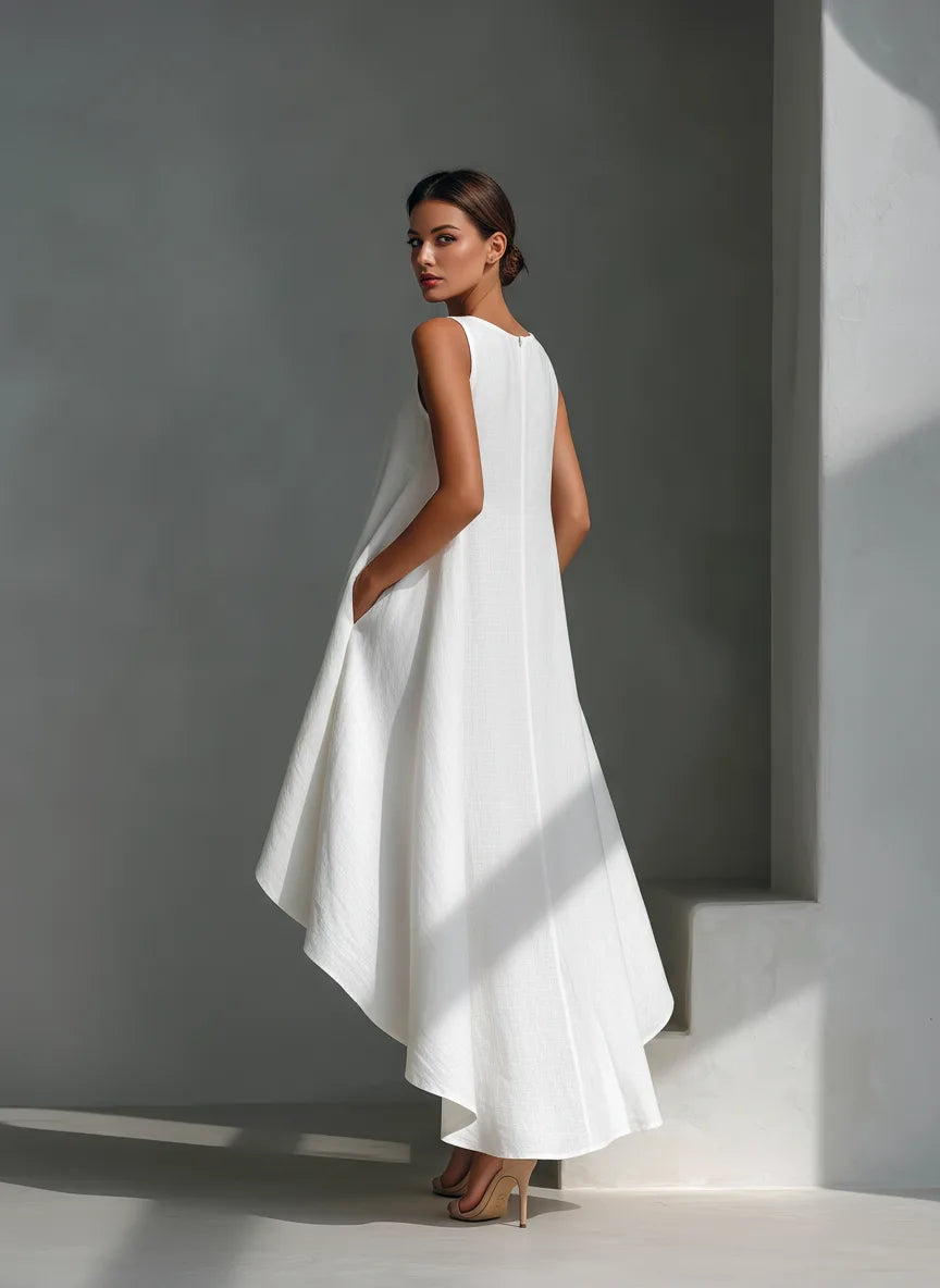 Close-up of the asymmetric hem and legs, showing the dress length variation and nude strappy heels