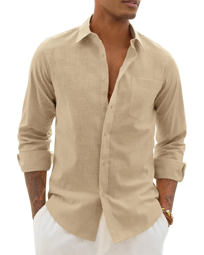 Close crop of cream/beige linen-cotton shirt with spread collar and buttoned chest pocket